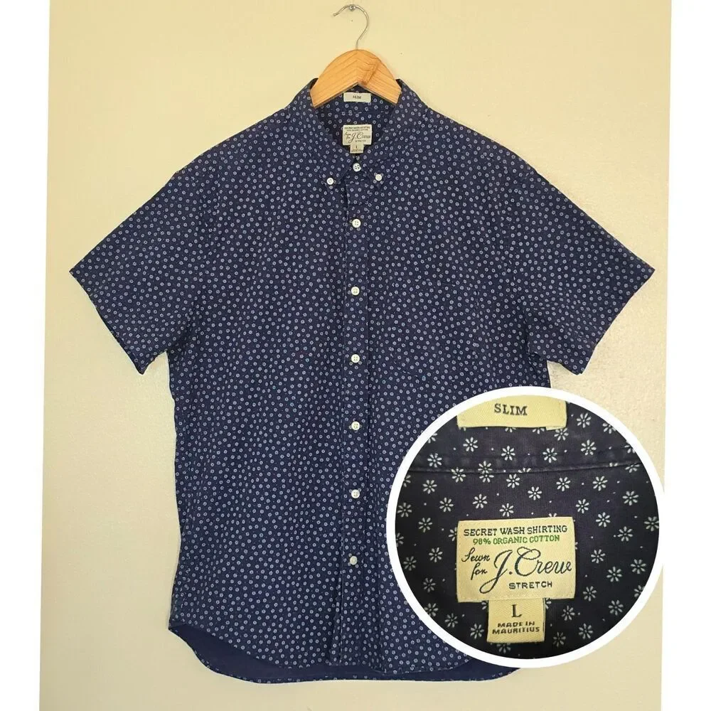 J.Crew Mens Large Slim Secret Wash Shirt Blue Floral Organic Cotton Stretch